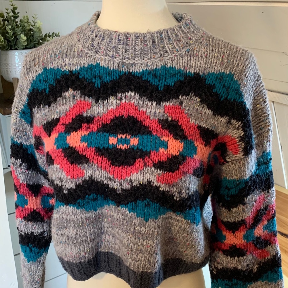 Free People Multicolor Gray Crewneck Sweater with Teal & Pink Accents - Picture 5 of 10